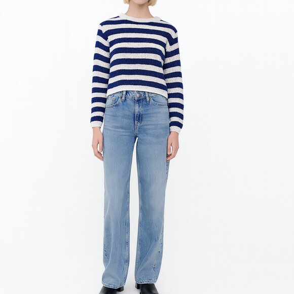 Velvet Striped Sweater XS Fisherman Coastal  Heavy Knit French Minimalist - Picture 1 of 8